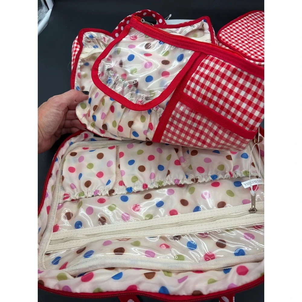 Unbranded 3 in 1 Toiletries Bag Red Gingham Polka Dot Quilted Travel Organizer